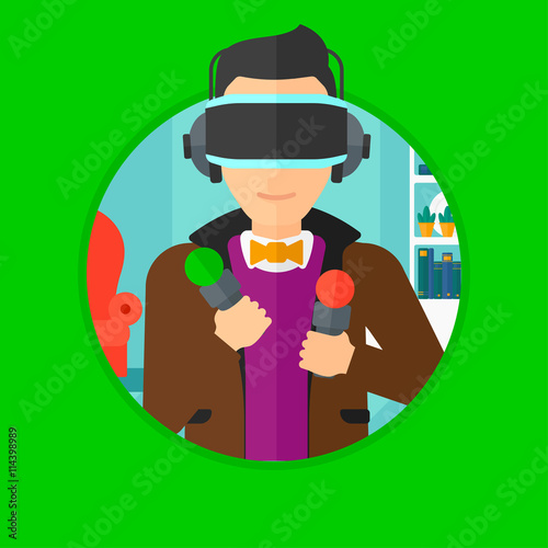 Man in virtual reality headset playing video game.