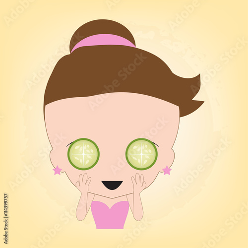 Woman happy with cucumber on face for spa healthy, illustration vector in flat design