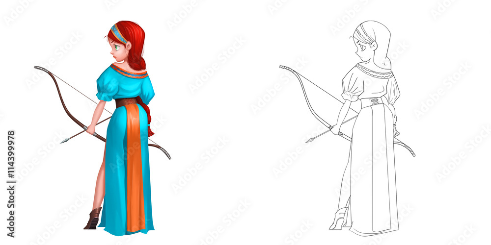 Coloring Book and Princess Girl Character Design Set 14 The Archer Princess Woman Warrior isolated on White Background Realistic Fantastic Cartoon Style Character Story Card Sticker Design Coloring Book and Princess Girl Character Design Set 14 The Archer Princess Woman Warrior isolated on White Background Realistic Fantastic Cartoon Style Character Story Card Sticker Design
