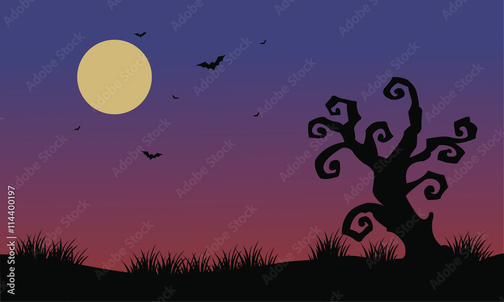 Halloween bat and dry tree scenery illustration