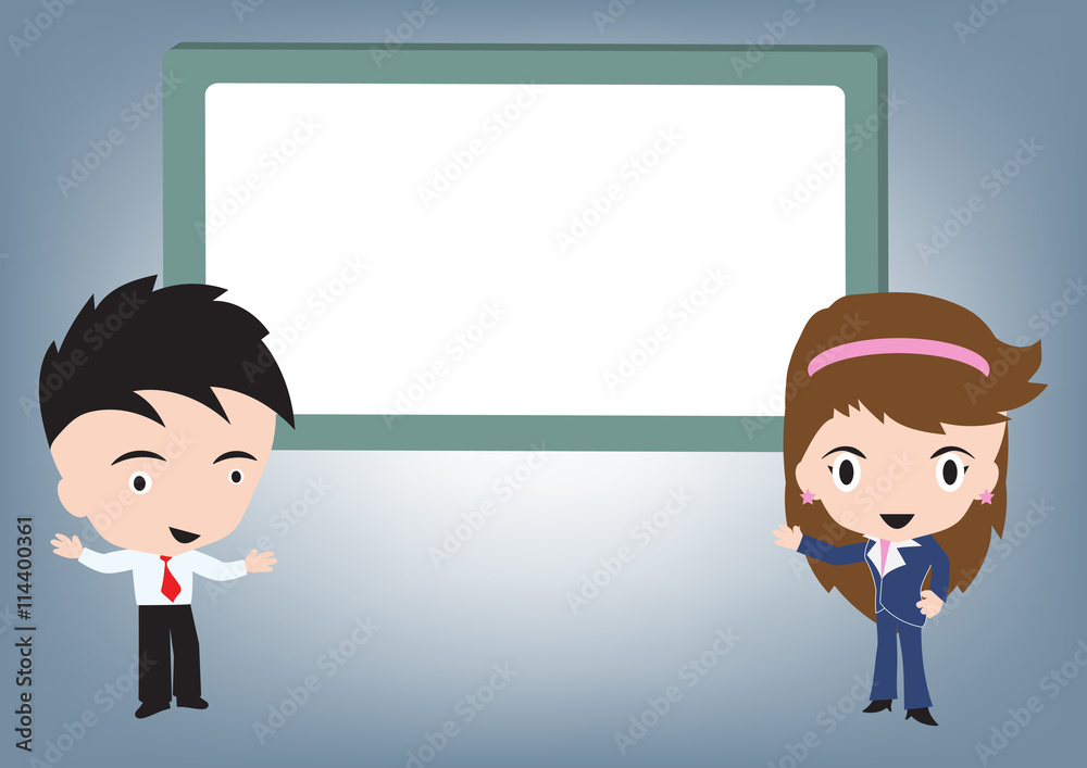 Businessman and woman standing and speaking and whiteboard behind, vector illustration in flat design Businessman and woman standing and speaking and whiteboard behind, vector illustration in flat design