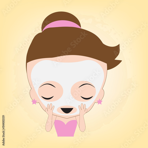 Woman happy with facial white mask beauty on face for spa healthy, illustration vector in flat design