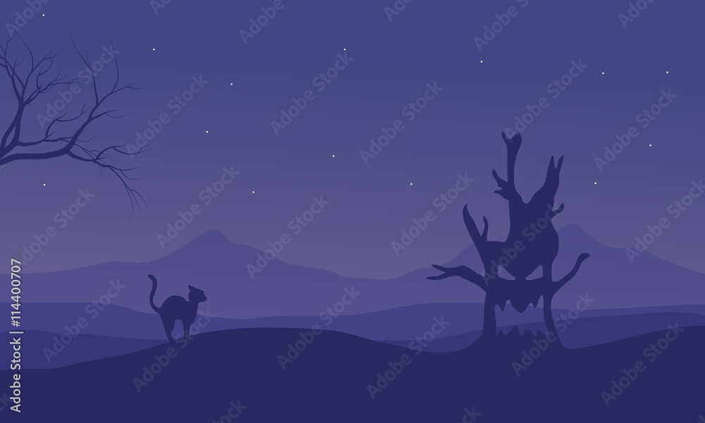 Halloween monster tree and cat silhouette
