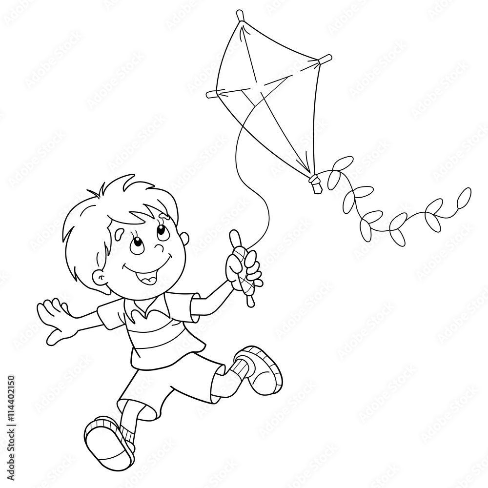 Fototapeta Coloring Page Outline Of cartoon boy running with a kite