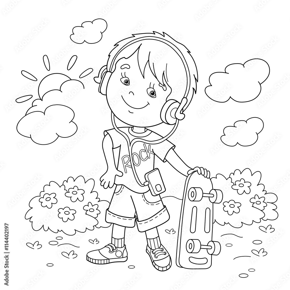 Coloring Page Outline Of boy in headphones with skateboard Coloring Page Outline Of boy in headphones with skateboard