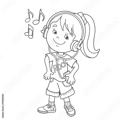 Coloring Page Outline Of girl in headphones listening to music
