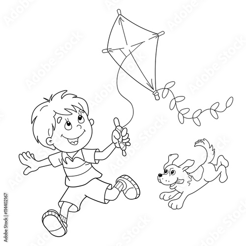 Coloring Page Outline Of cartoon boy running with kite with dog.