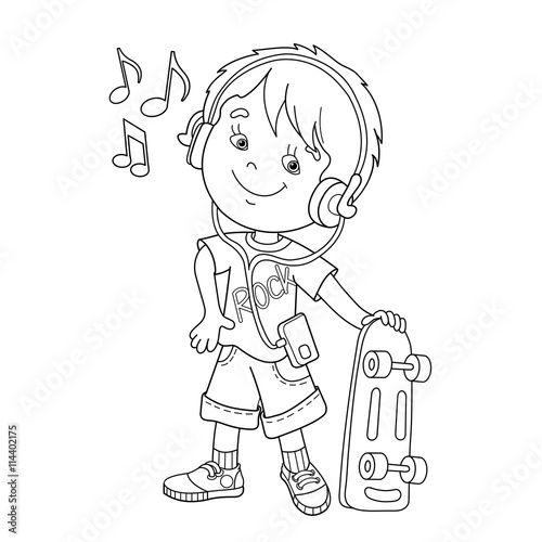 Coloring Page Outline Of boy in headphones with  skateboard