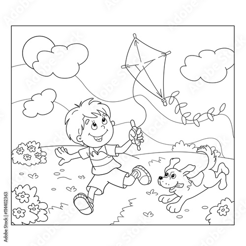 Coloring Page Outline Of cartoon boy running with kite with dog.