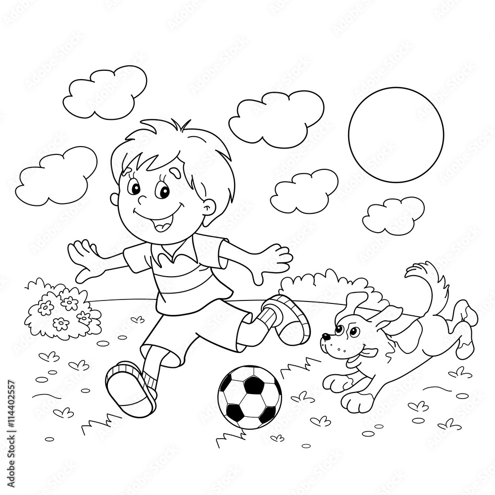 Fototapeta Kontur strony kolorowanie kreskówka chłopca z piłką nożną z psem