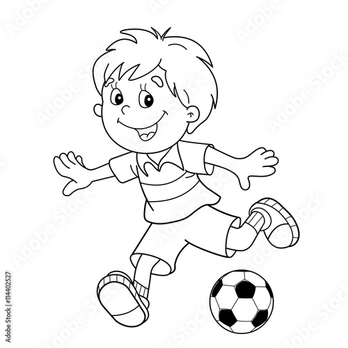 Coloring Page Outline Of cartoon boy with a soccer ball. Footbal