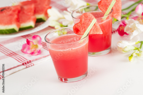 Watermelon drinks in glasses with heart of watermelon