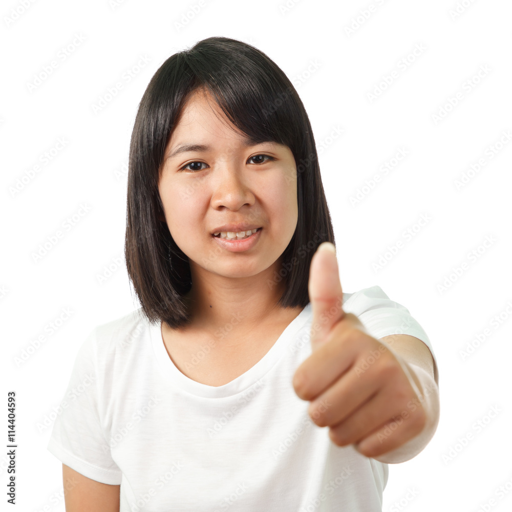 Asian woman showing thumb isolated. Asian woman showing thumb isolated.