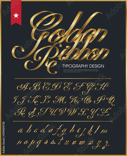 ribbon typography font logo type with Glossy gold decorative silk