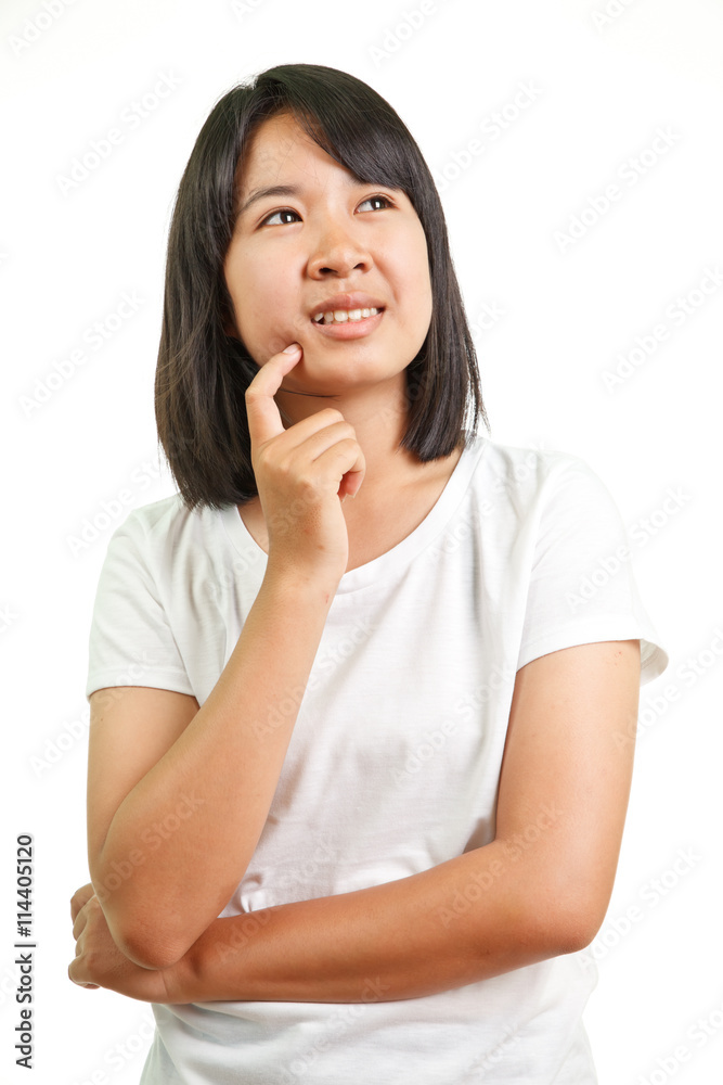 Thinking young Asian woman isolated on white background Thinking young Asian woman isolated on white background