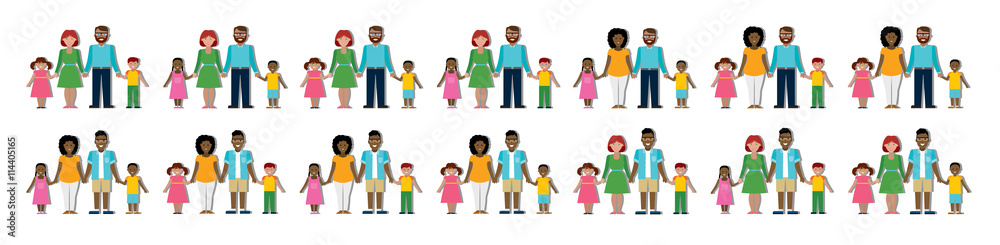 Multicultural traditional family with parents and children. Happy family. Boys and girls. African american and caucasian families. Adopted boy, girl. Smiling family. New parents.