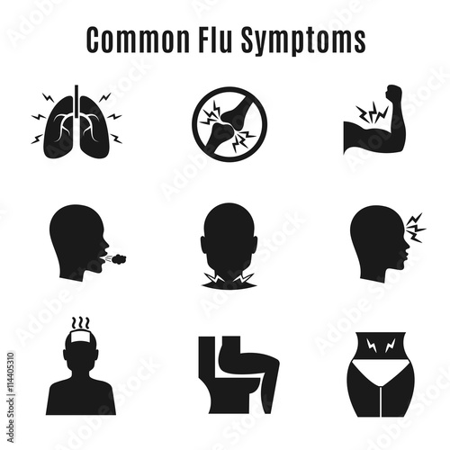 Flu influenza sickness symptoms vector icons. Influenza symptom collection and infection influenza and cough illustration