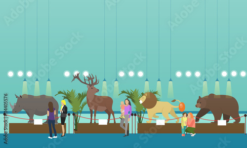 Archaeological museum interior vector banner. Visitors watching exhibition.