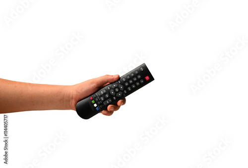 Hand holding remote control. Isolated on white