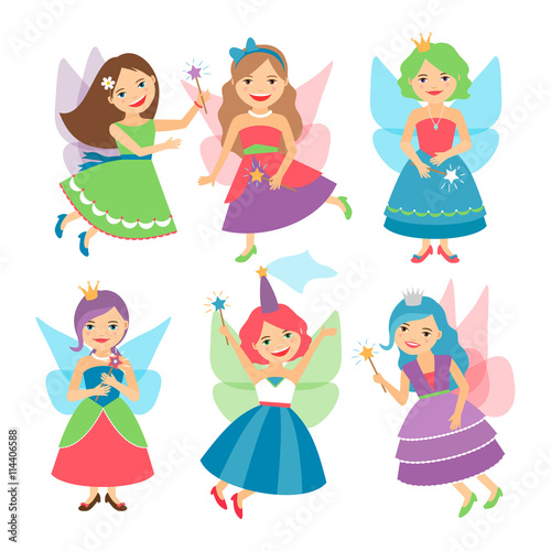 Little fairy girls whith wings and in ball dresses. Vector illustration