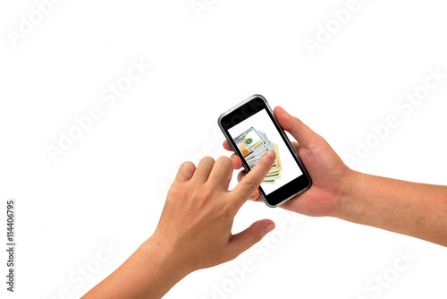 Hand holding Smartphone show screen display isolated on white