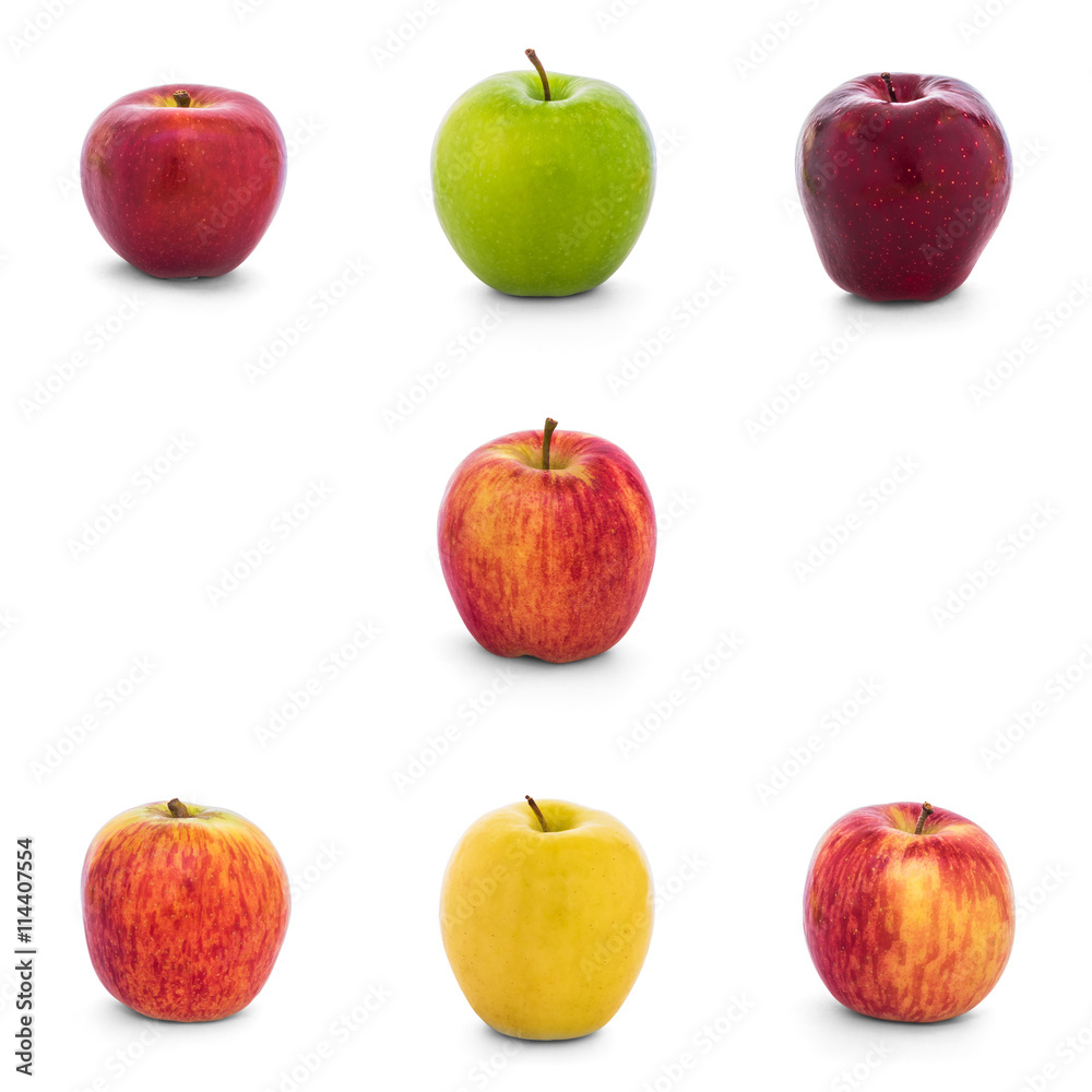 Varieties of apples collection (New Zealand Eve, Granny Smith, Red Del, Ambrosia, Divine, Lemonade, Fuji, Gala) isolate on white background with clipping path, Side View Varieties of apples collection (New Zealand Eve, Granny Smith, Red Del, Ambrosia, Divine, Lemonade, Fuji, Gala) isolate on white background with clipping path, Side View