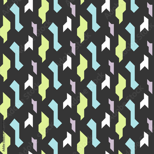 Abstract geometric shapes dark seamless pattern. Vintage geometry inspired seamless lilac  green and blue on dark background.