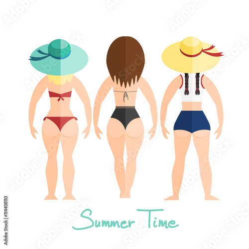 Three women, girls in swimsuit, back view, vector illustration