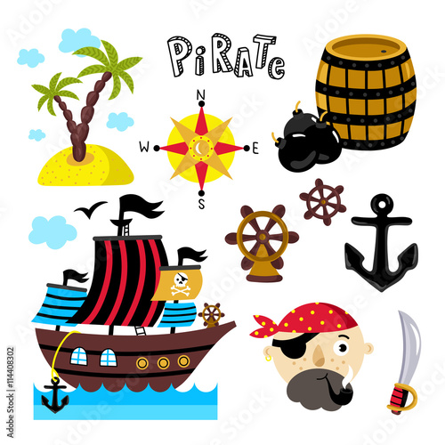 Pirate attributes vector in a cartoon style on white background for holiday or birthday