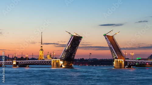 Palace bridge, Peter and Paul Cathedral summer night. Saint Petersburg