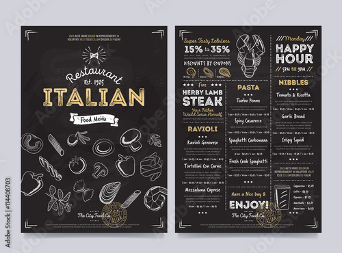 Italian restaurant cafe menu template design on chalkboard background vector illustration