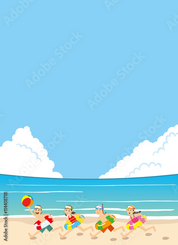 海辺を水着で走る子ども達のイラスト © kintomo