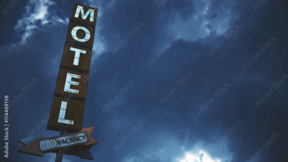Old Grungy Motel Sign in Rain.Real Clouds Timelapse and 3D Design Composite Old Grungy Motel Sign in Rain.Real Clouds Timelapse and 3D Design Composite