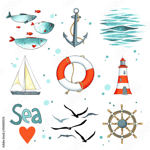 Sea set of 9 nautical elements isolated on white.