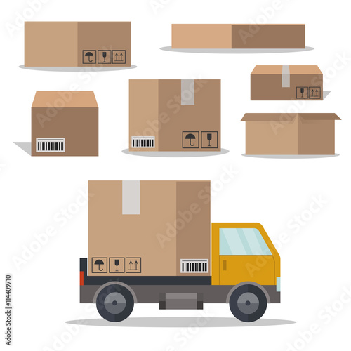 Flat vector packaging carton boxes set and delivery car with carton box. © svetlana2727