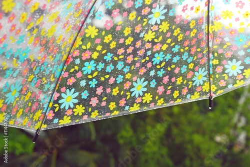 Rain drops on colorful flower umbrella for bad weather, winter or protection