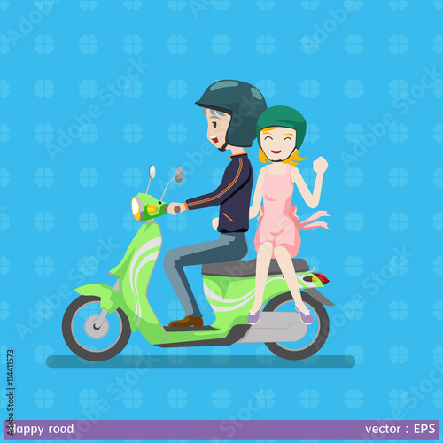safety first made happy road
graphic vector illustration couple and helmet  are happy on motocycle