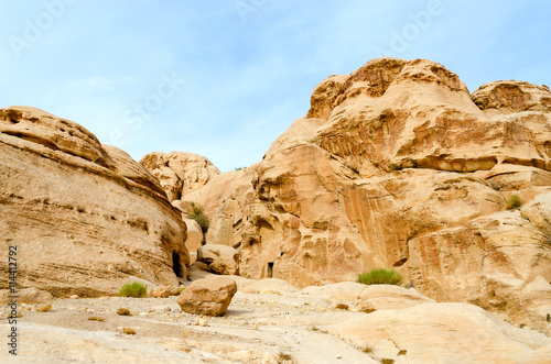 Jordan, Petra, rock on road in gorge