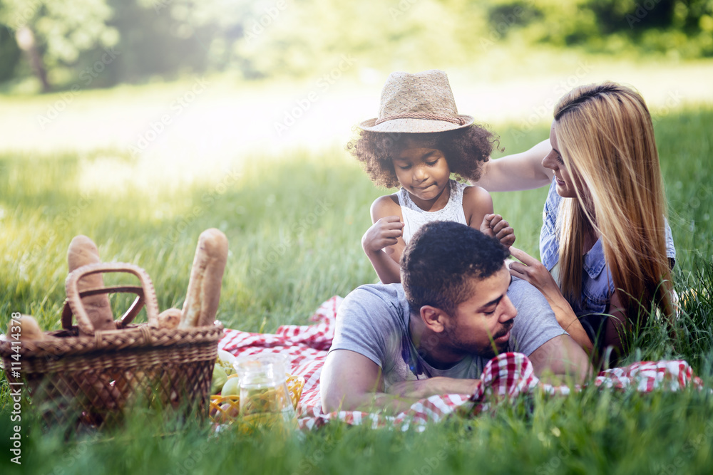 Family picnicking outdoors - obrazy, fototapety, plakaty 