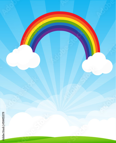 Sunburst and blue sky and rainbow background with copyspace vect