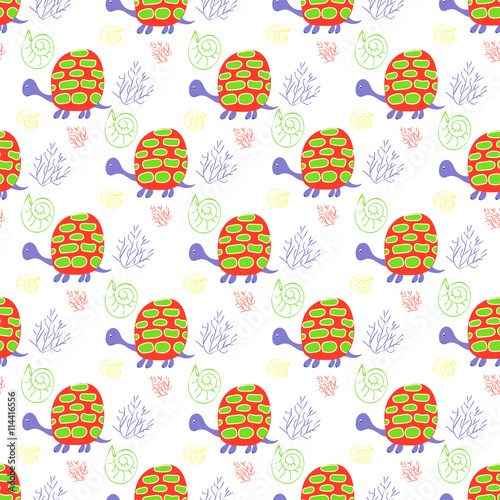 Children's background with turtles and algae for textiles and handicrafts