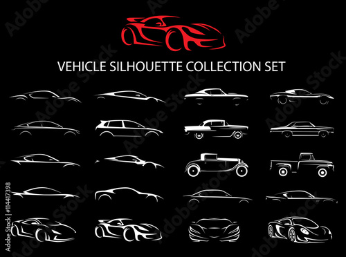 Concept supercar and regular car vehicle silhouette collection set. Vector illustration.