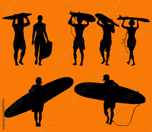 Set of silhouette surfers