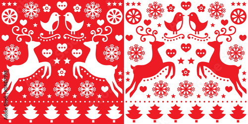 Christmas red greetings card pattern with reindeer - folk art style