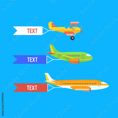 Aeroplane, planes and biplane. Set of colorful flat airplanes.