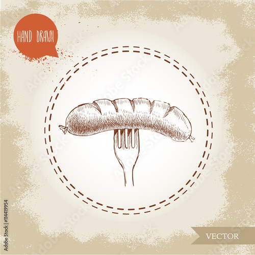 Hand drawn sketch type grilled sausage on fork. Organic food vintage illustration.