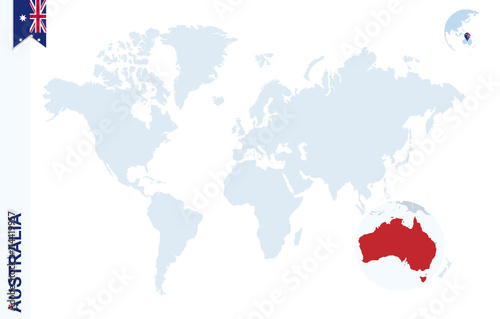 Blue world map with magnifying on Australia.