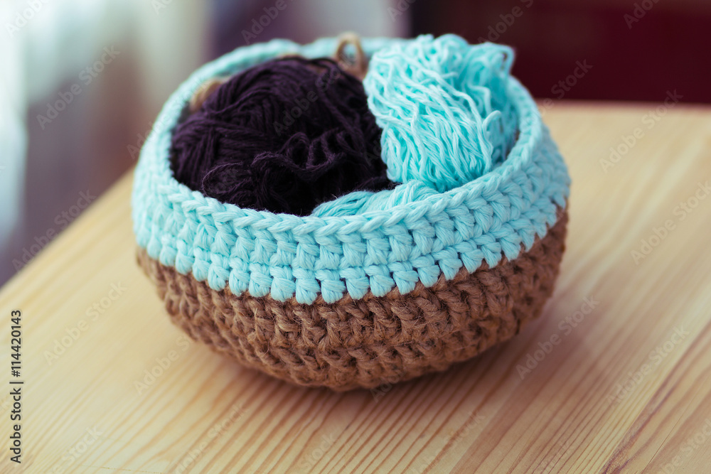 knitted basket with yarn