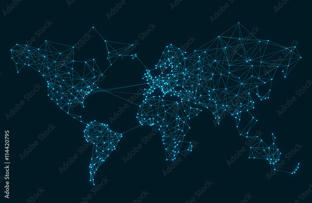 Fototapeta Mapa świata telekomunikacji streszczenie z koła, linie i gradienty