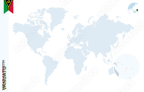 Blue world map with magnifying on Vanuatu.
